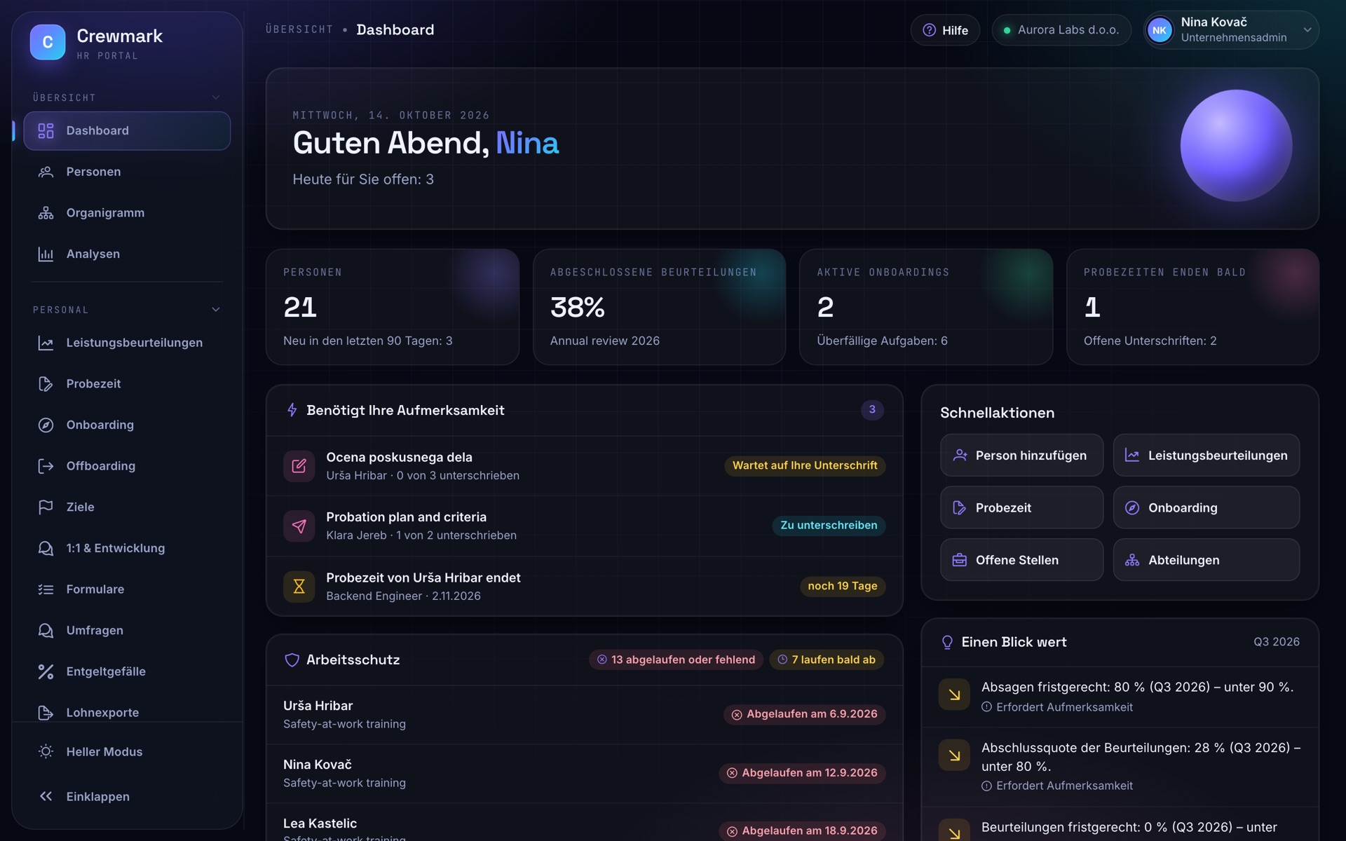 Screenshot von Crewmark: Dashboard
