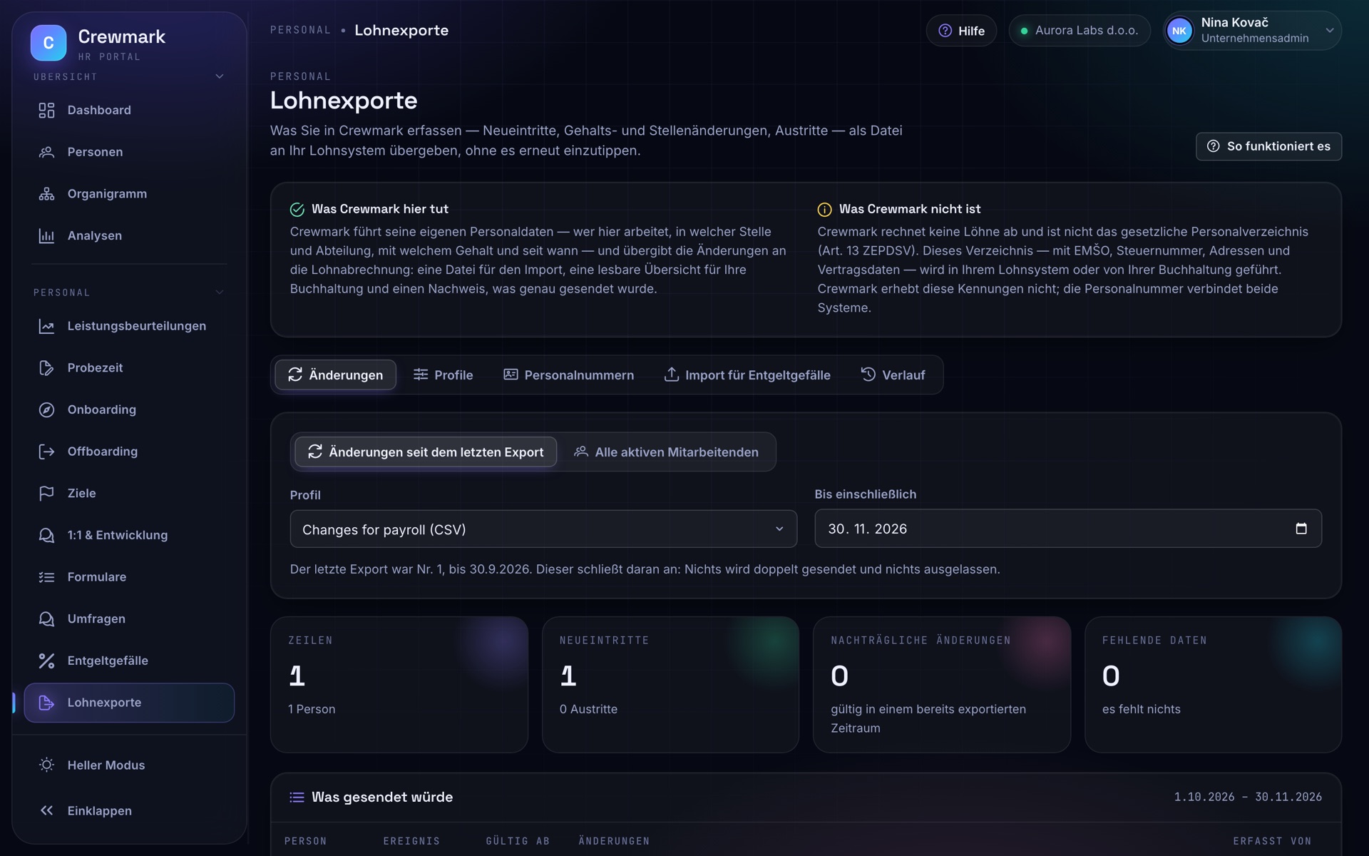 Screenshot von Crewmark: Lohnexporte