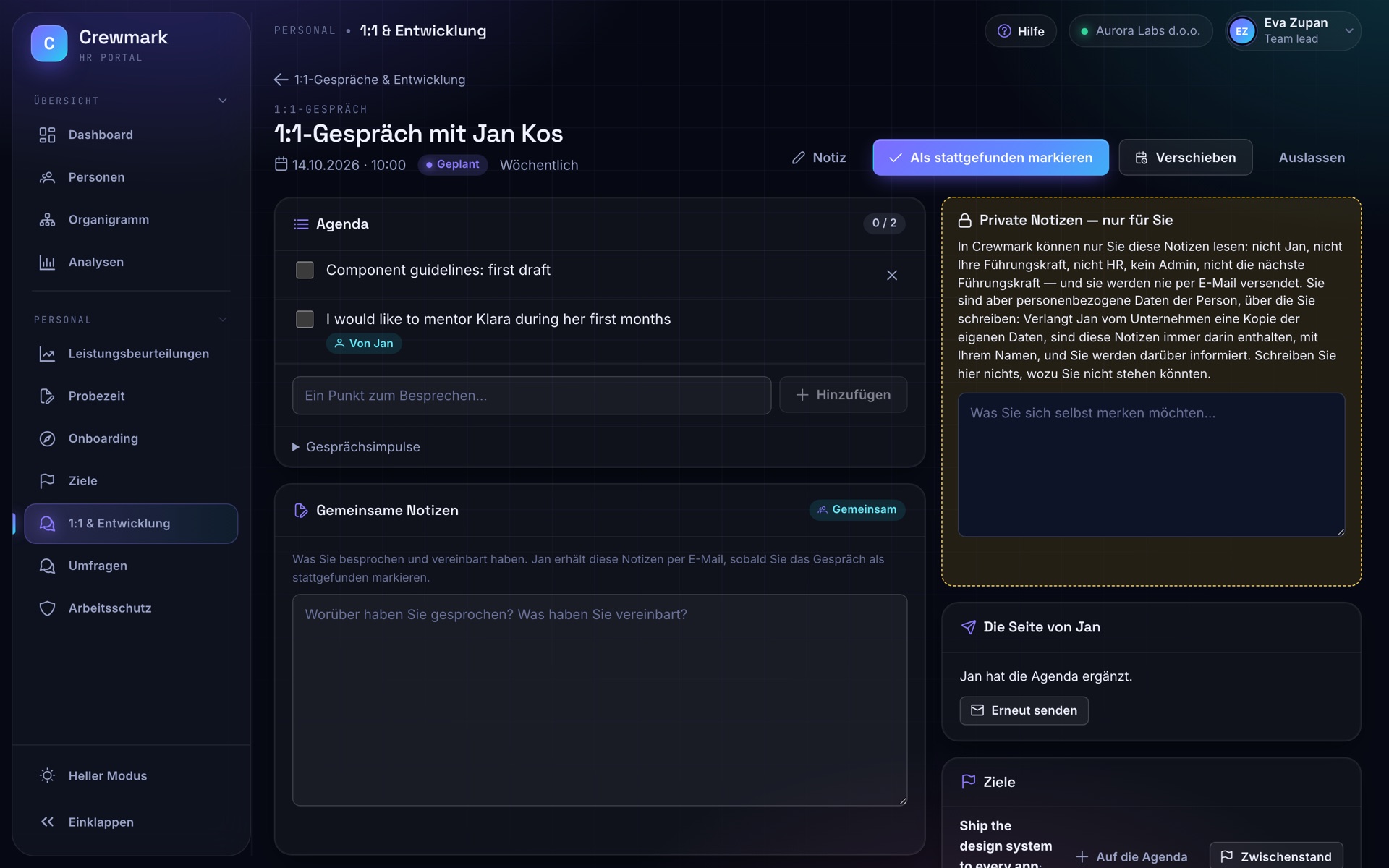 Screenshot von Crewmark: 1:1-Gespräche & Entwicklungspläne