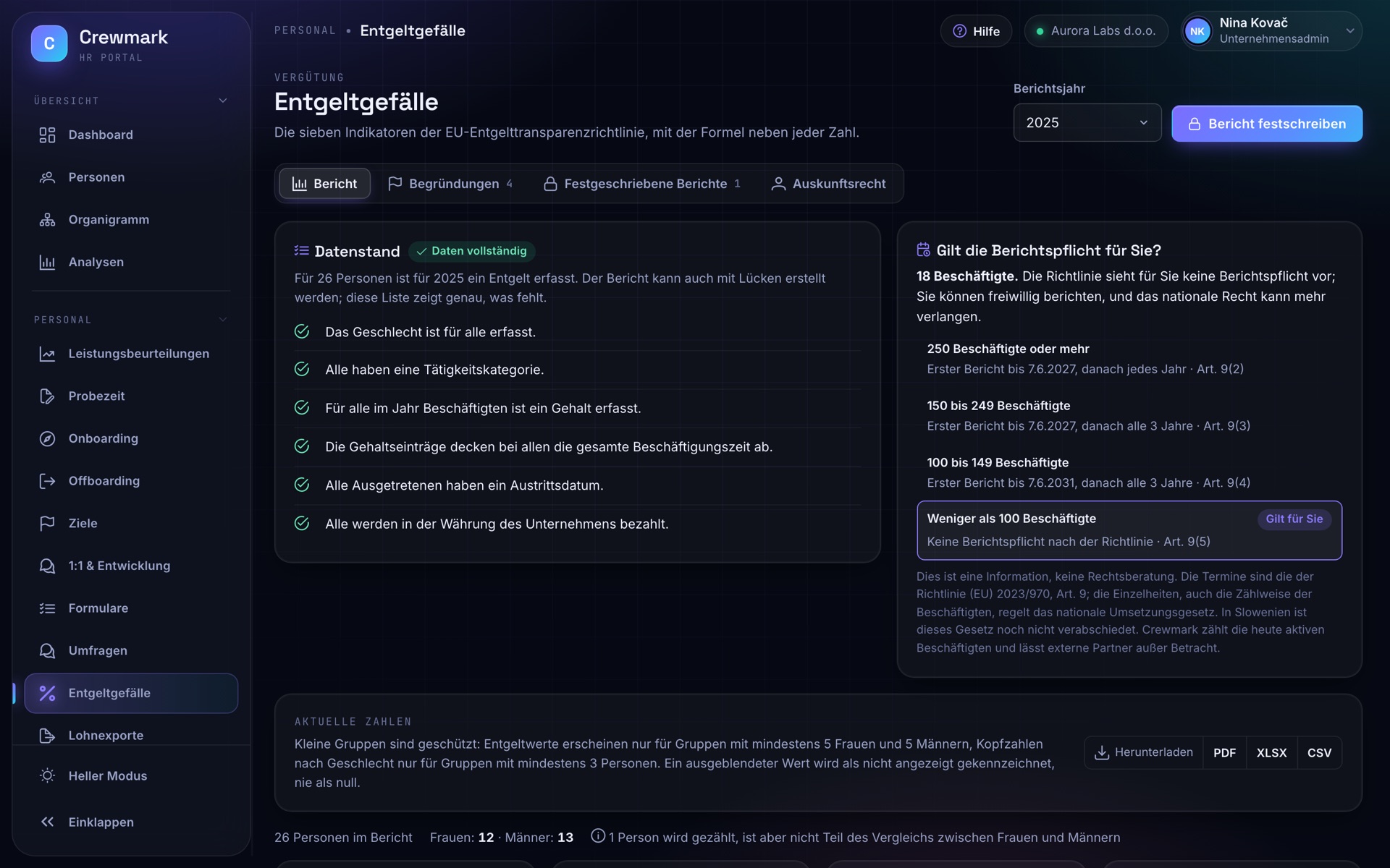 Screenshot von Crewmark: Bericht zum Entgeltgefälle