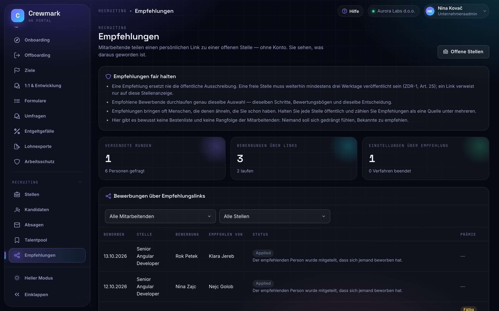Screenshot von Crewmark: Empfehlungen