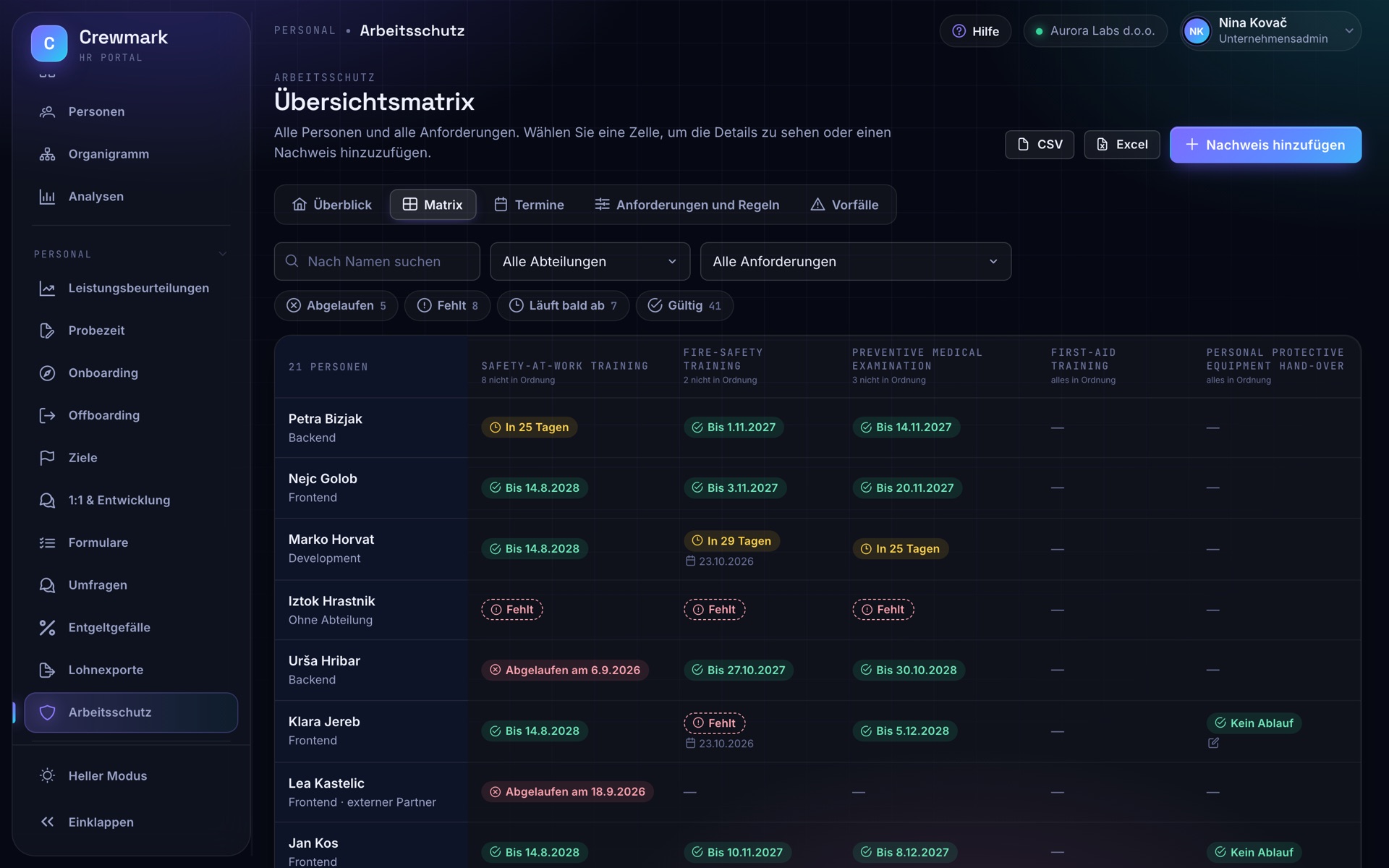 Screenshot von Crewmark: Arbeits- und Gesundheitsschutz
