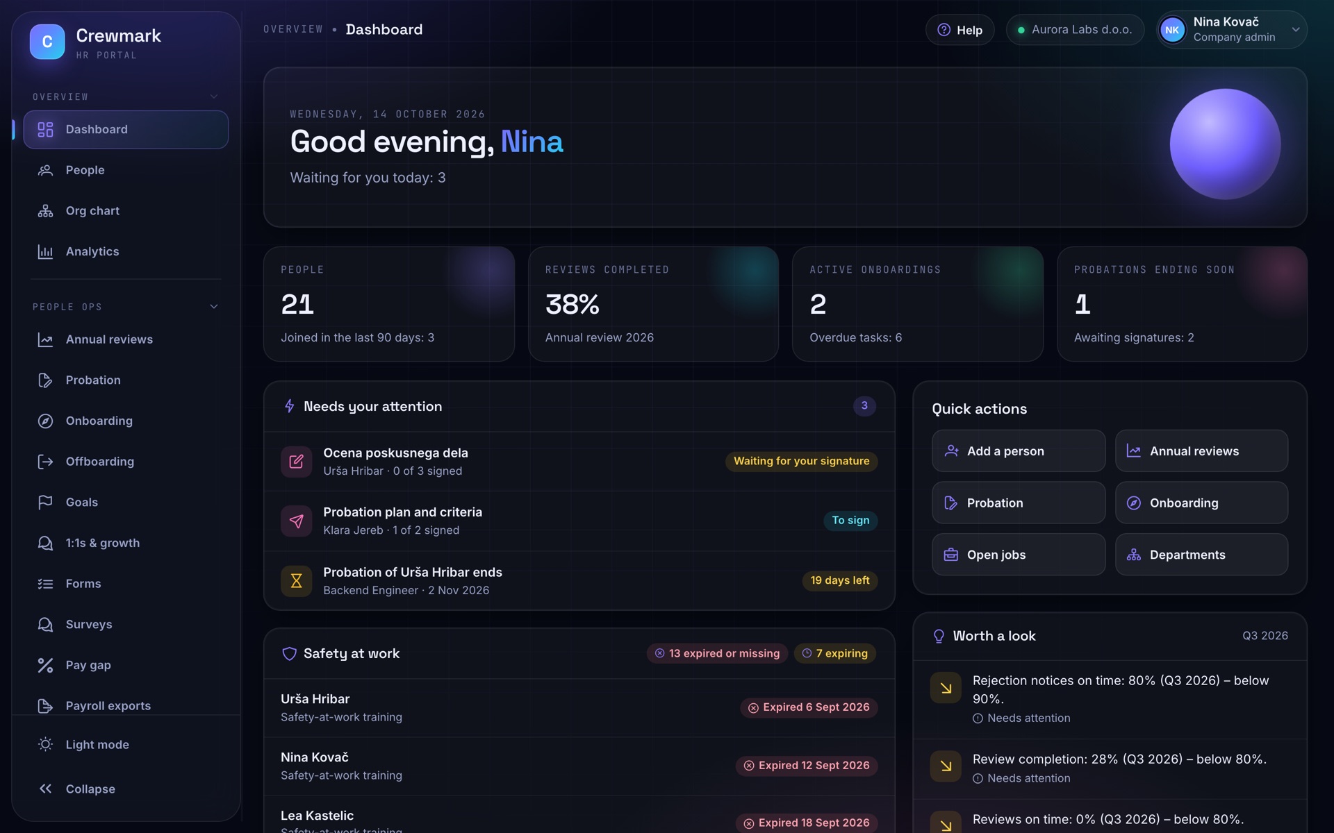 Screenshot of Crewmark: Dashboard
