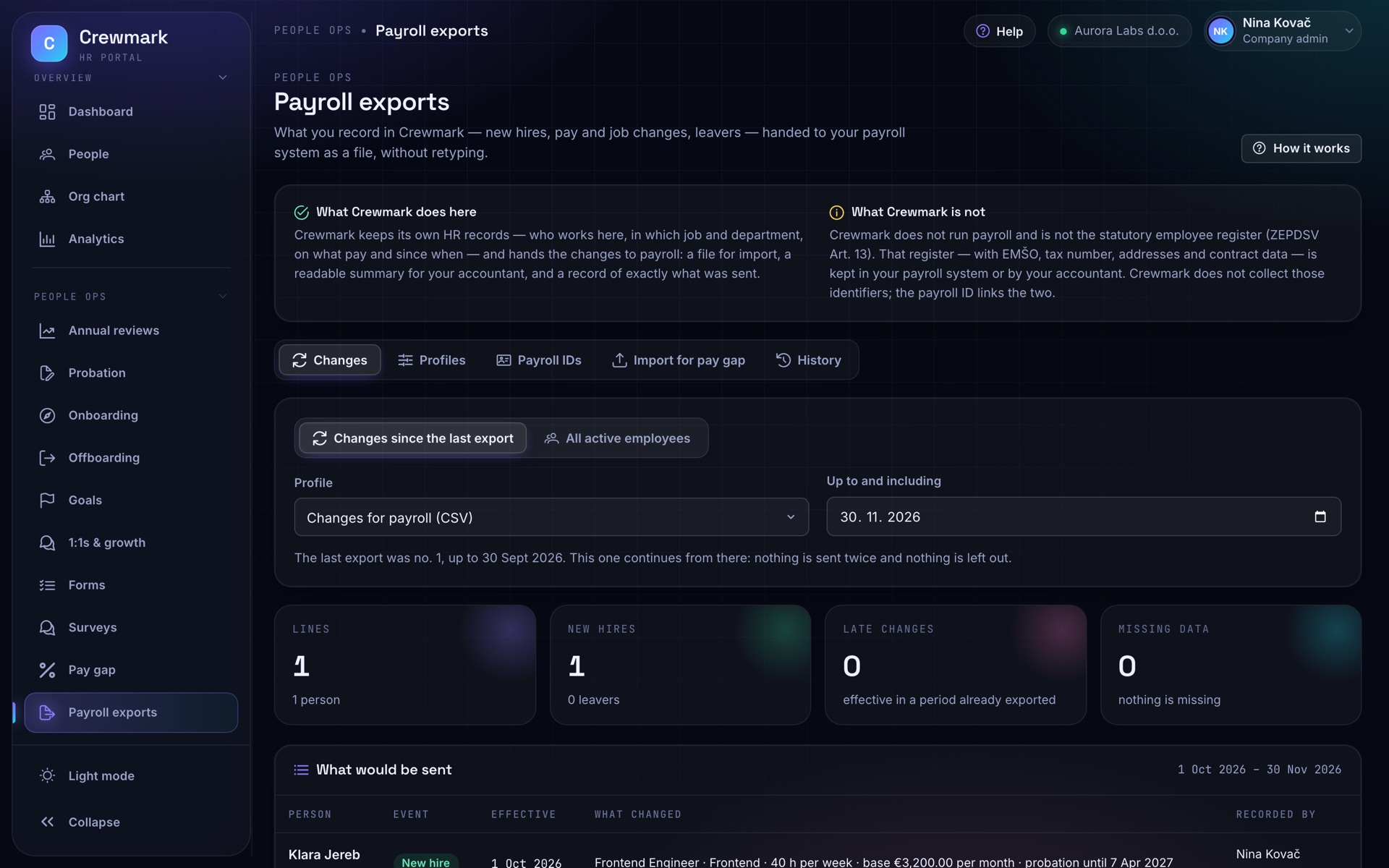 Screenshot of Crewmark: Payroll exports