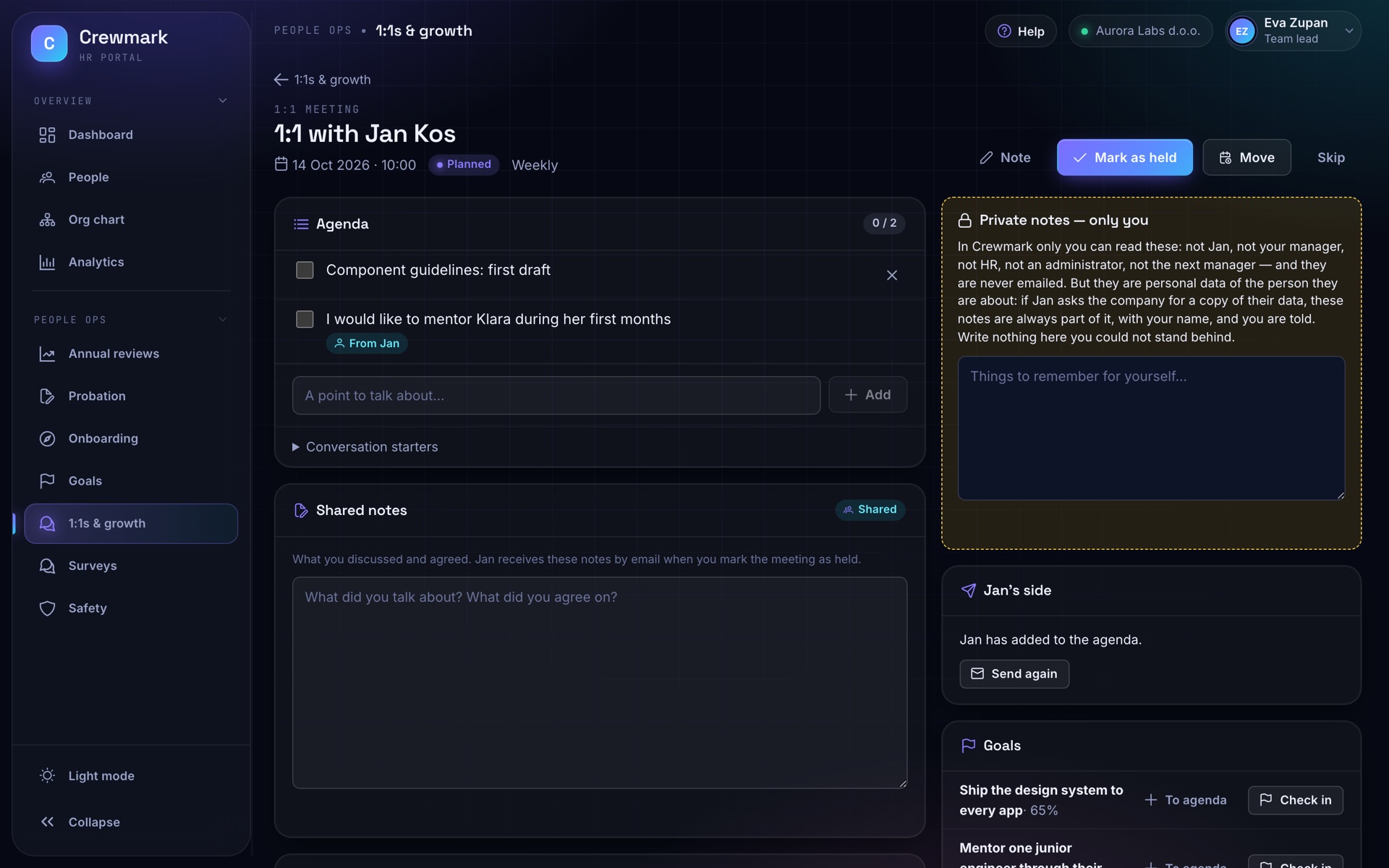 Screenshot of Crewmark: 1:1s & development plans