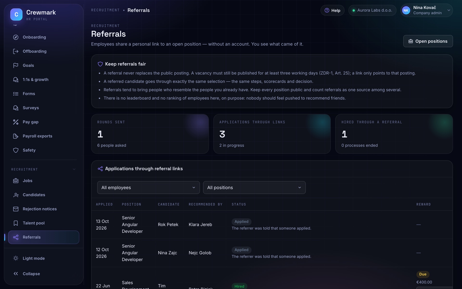 Screenshot of Crewmark: Referrals