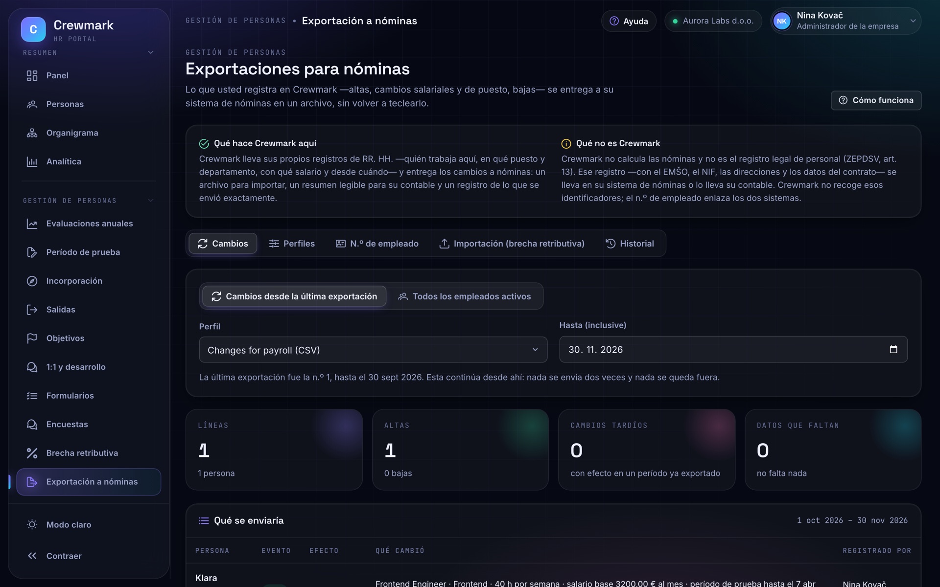 Captura de Crewmark: Exportaciones para nóminas