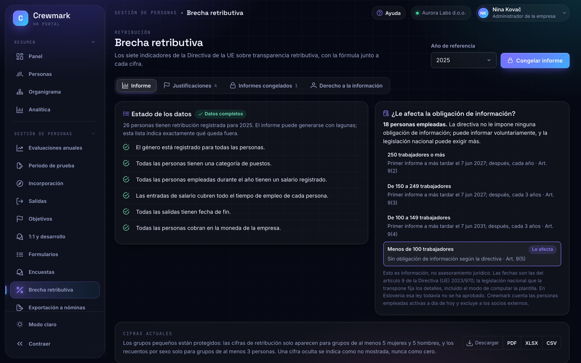 Captura de Crewmark: Brecha retributiva