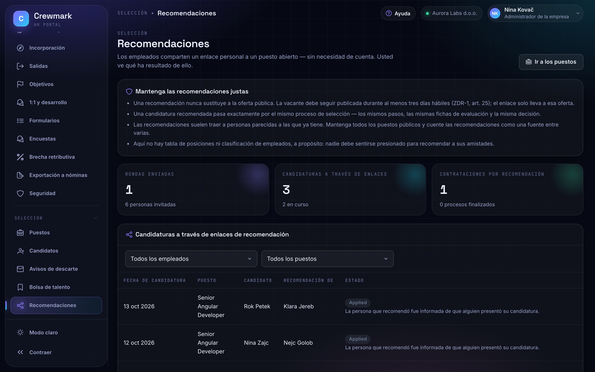 Captura de Crewmark: Recomendaciones