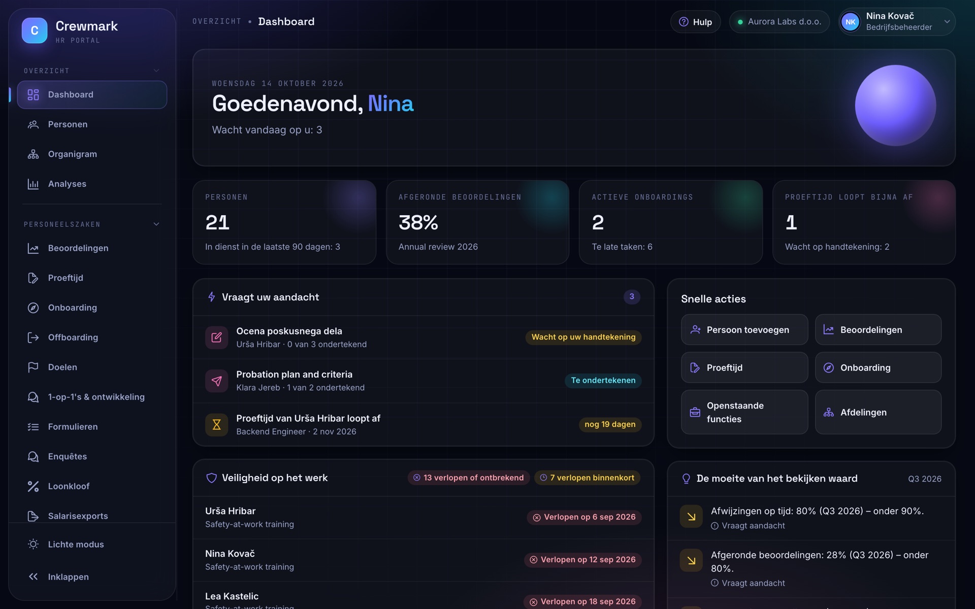 Schermafbeelding van Crewmark: Dashboard