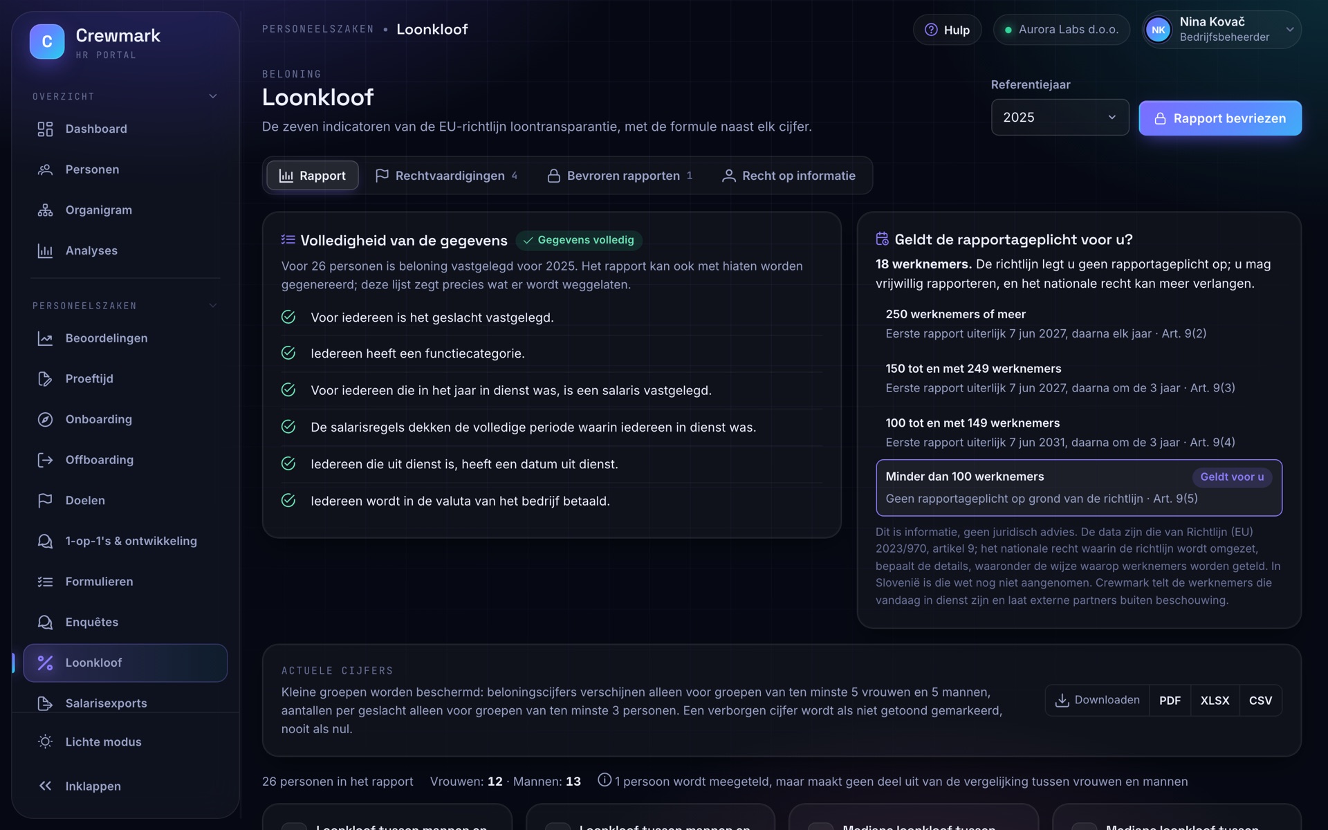 Schermafbeelding van Crewmark: Loonkloofrapport