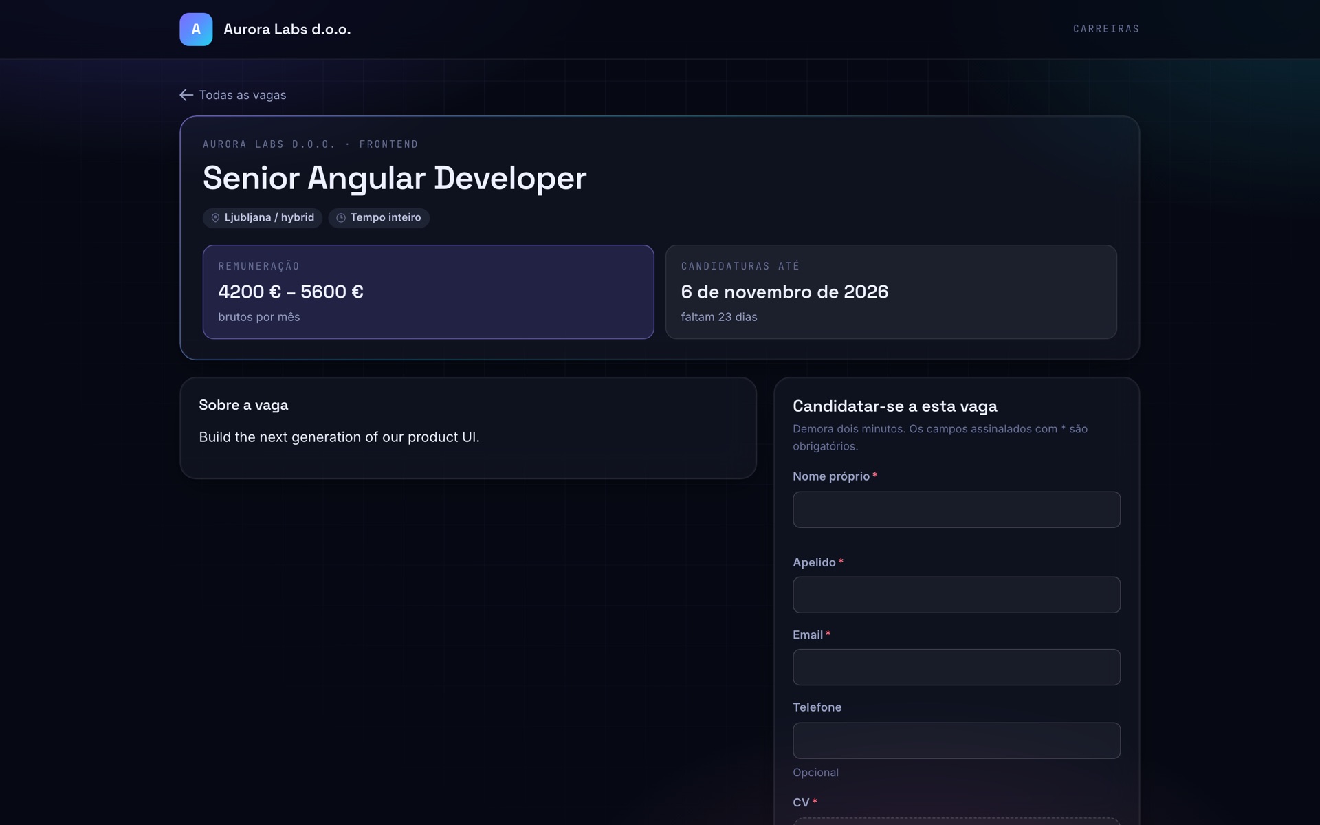 Captura de ecrã do Crewmark: Página de carreiras
