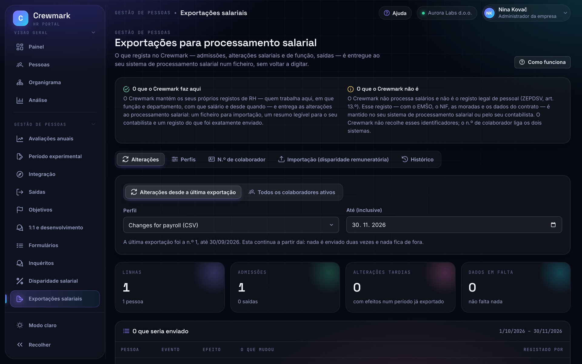 Captura de ecrã do Crewmark: Exportações para processamento salarial