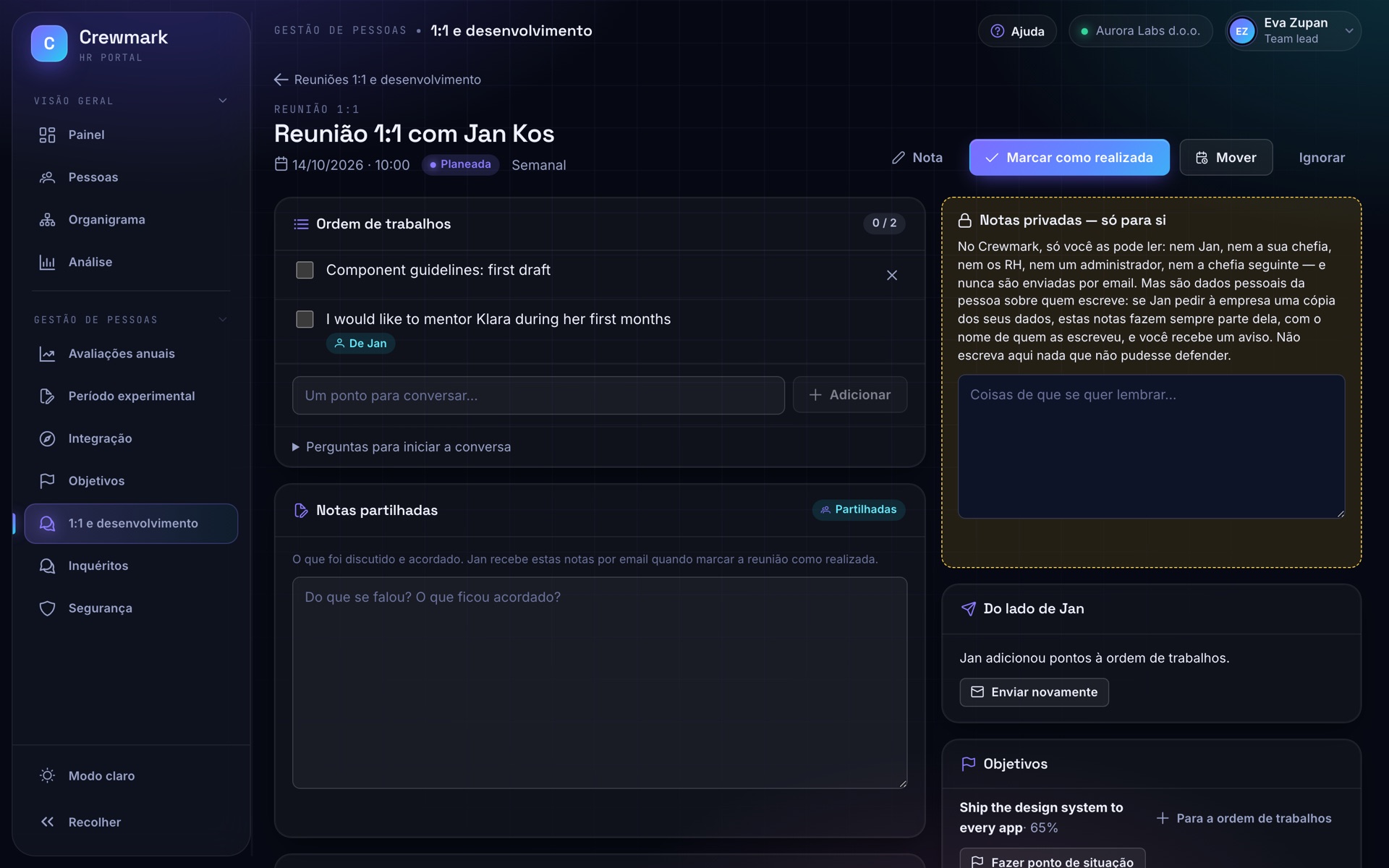 Captura de ecrã do Crewmark: Reuniões 1:1 e planos de desenvolvimento