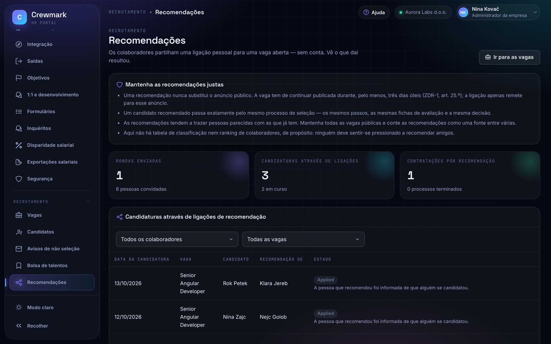 Captura de ecrã do Crewmark: Recomendações