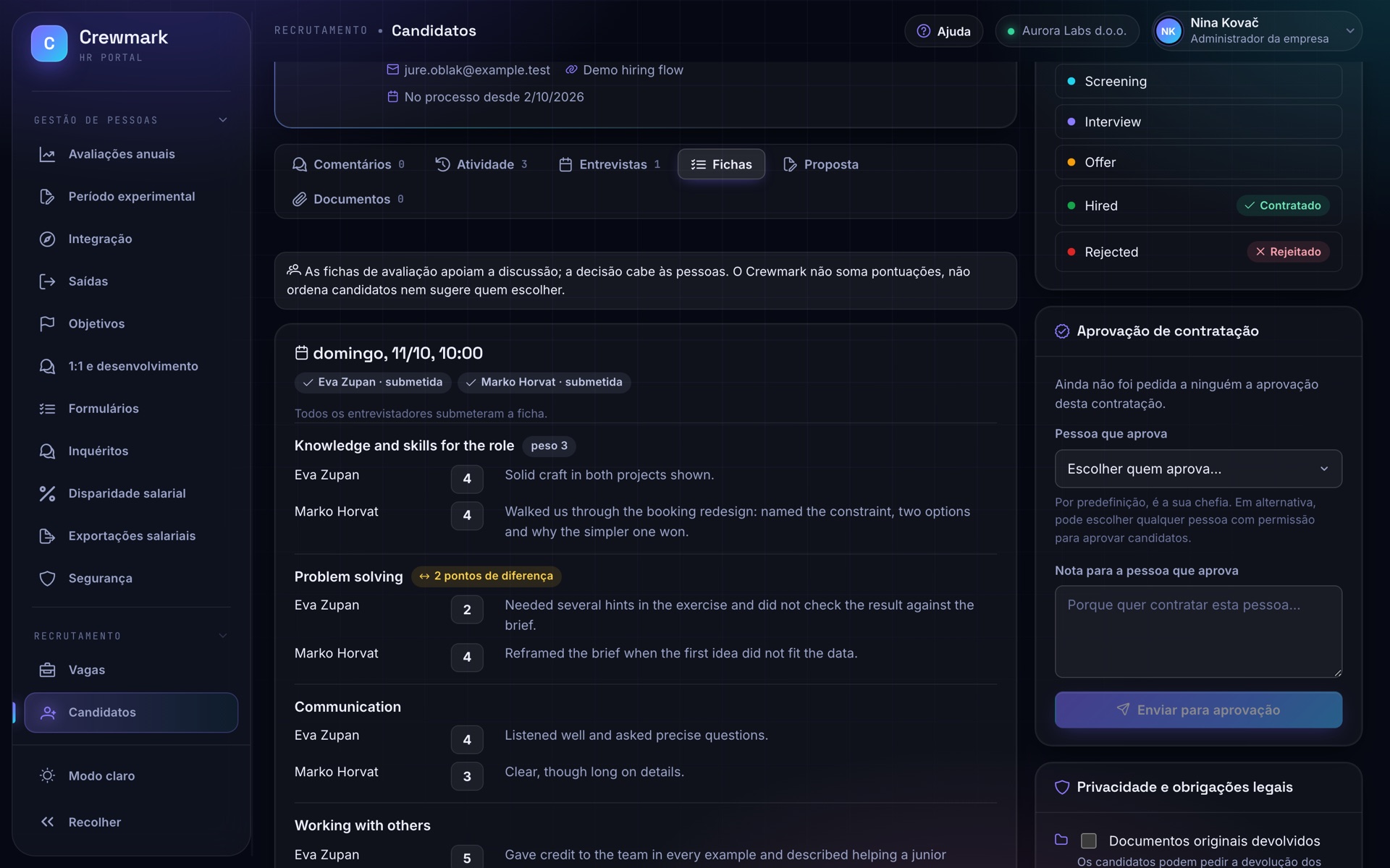 Captura de ecrã do Crewmark: Recrutamento